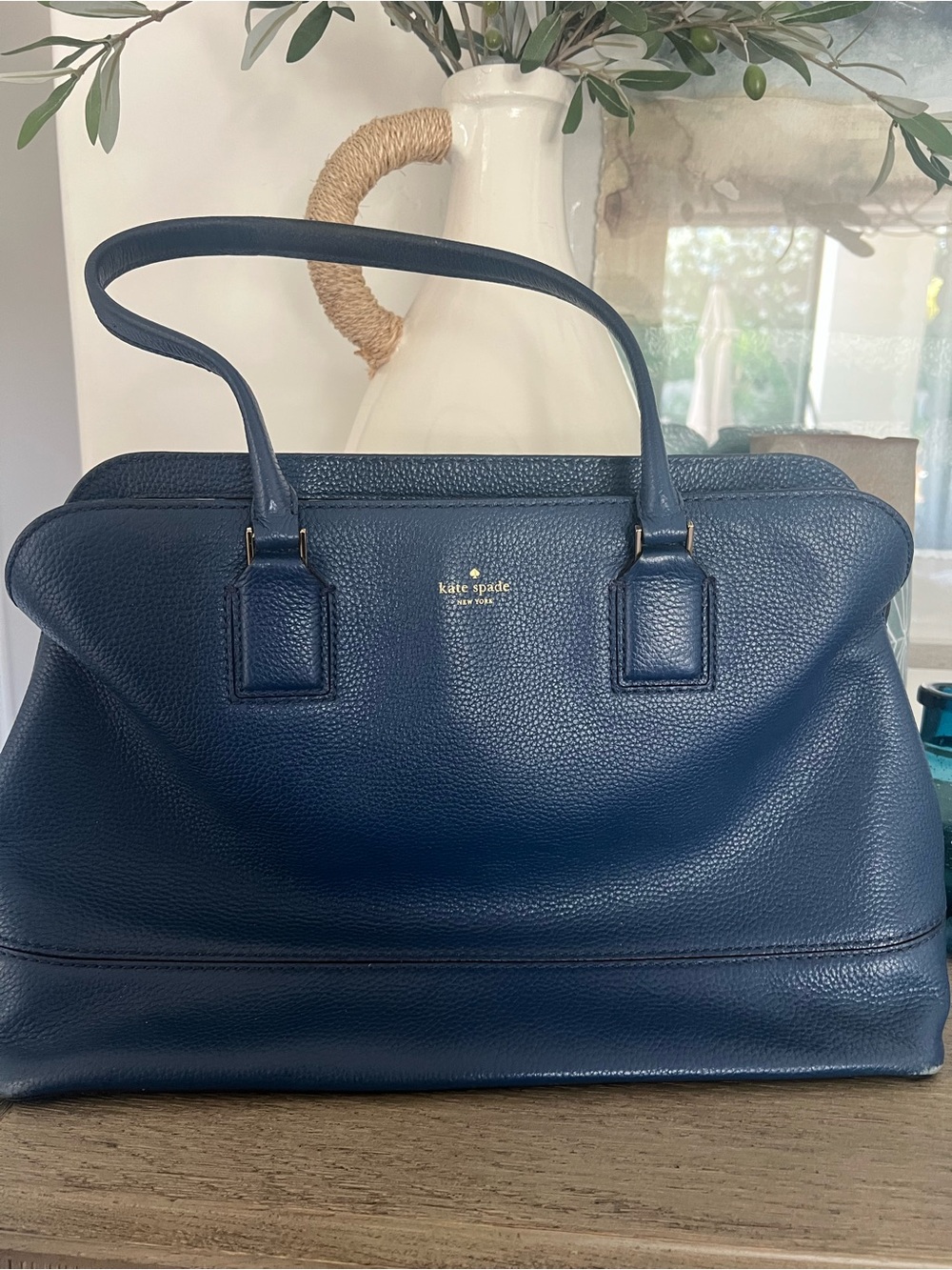 kate spade Navy Pebbled Leather Tote with Gold Logo
